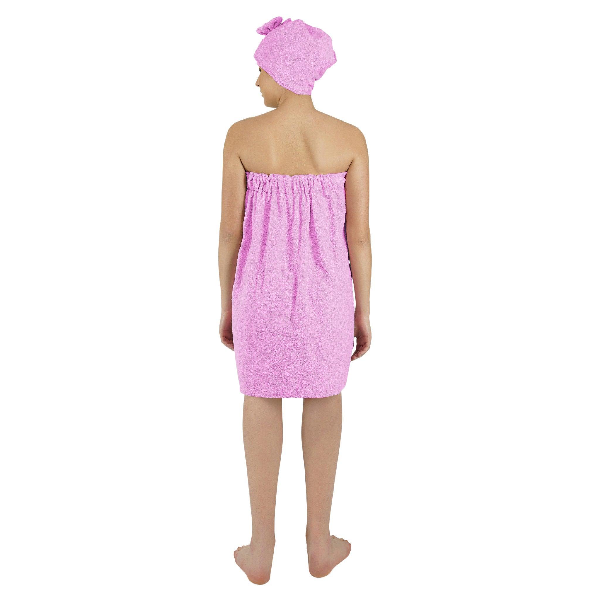 Women Cotton Body Wrap Bath Towel With Shower Cap - Purple - Rangoli