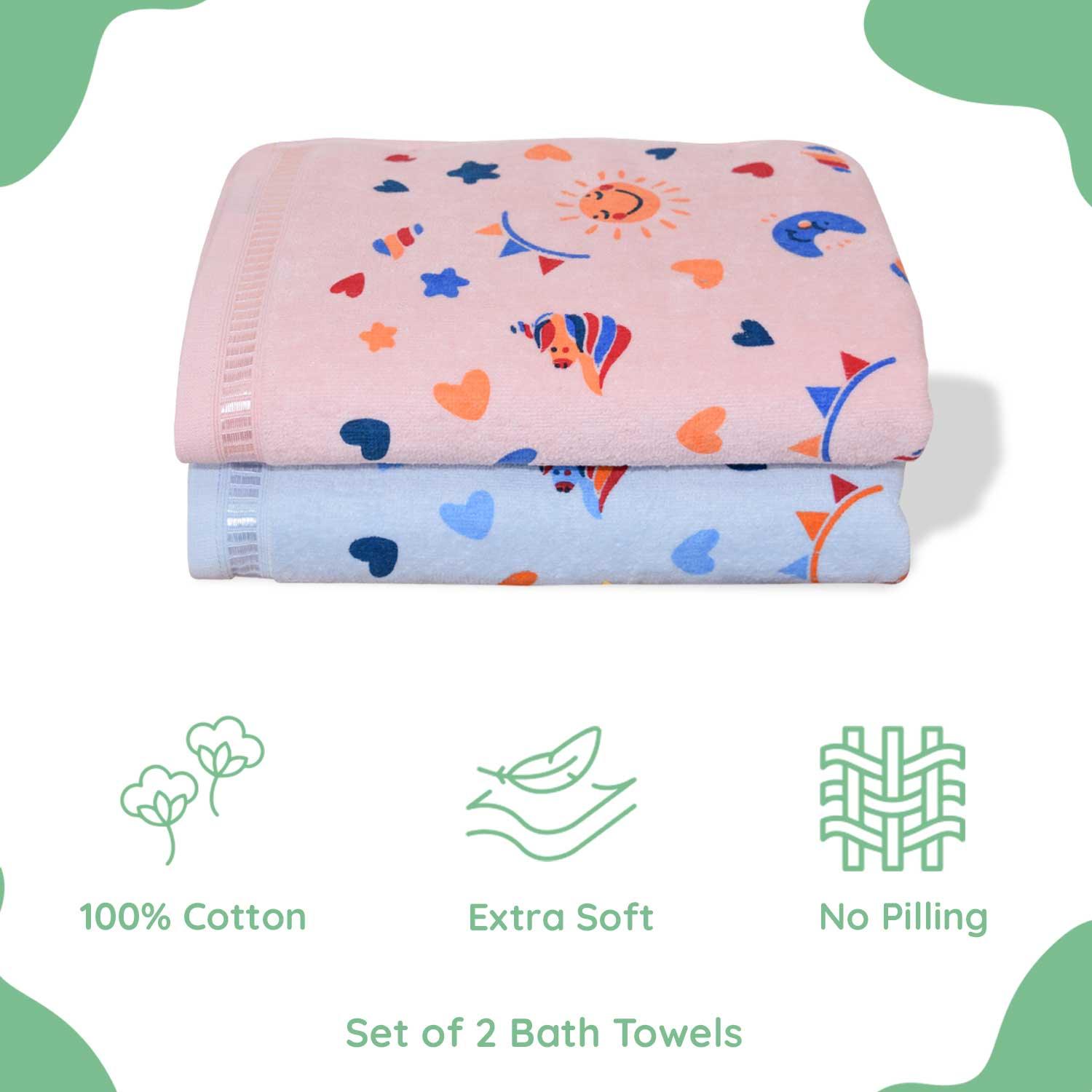 Rangoli Kids Unicorn Printed Cotton Bath Towel Set of 2 | Anti-Bacterial, Ultra Soft Towels for Girls and Boys (Peach and Blue) - Rangoli