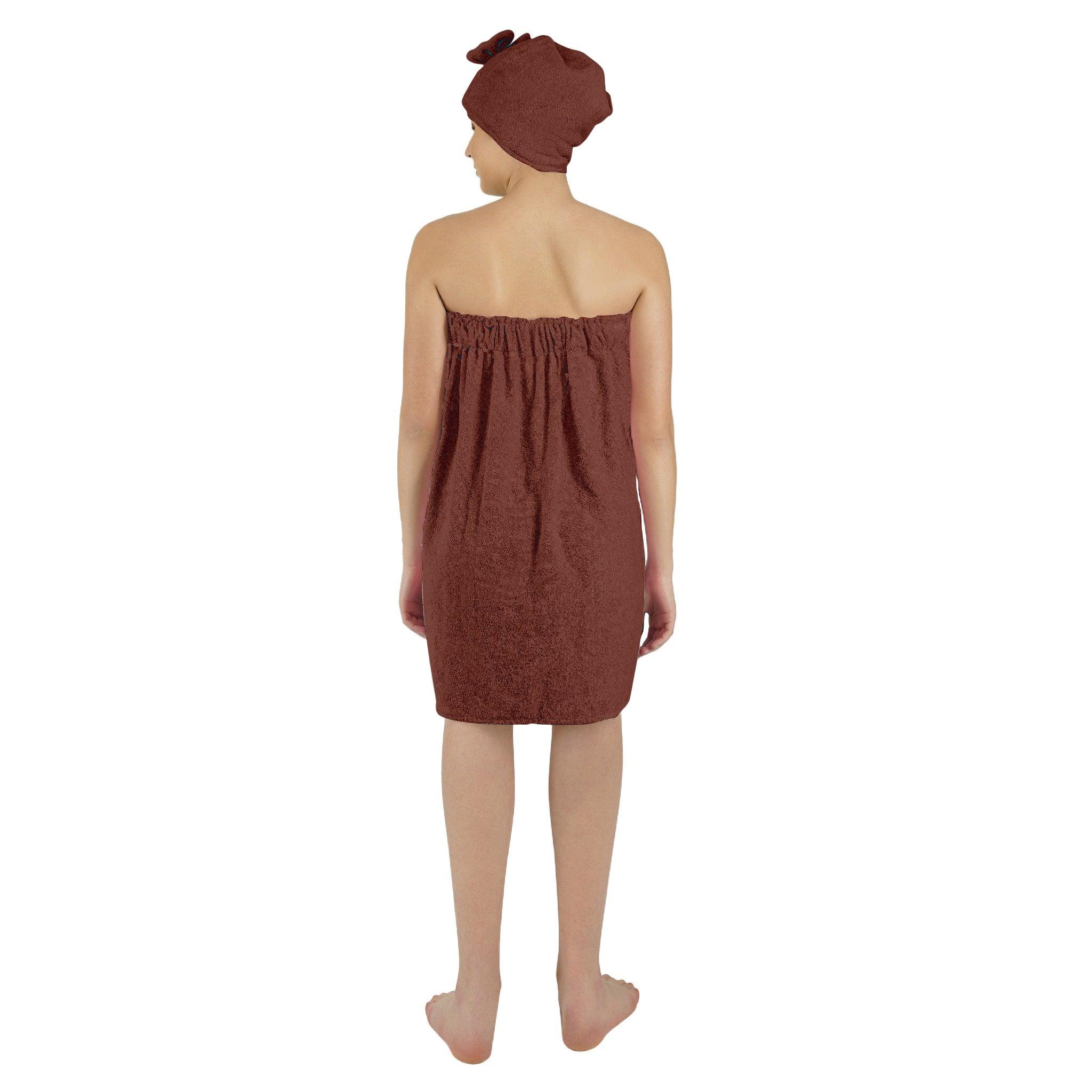 Women Cotton Body Wrap Bath Towel With Shower Cap - Brown - Rangoli