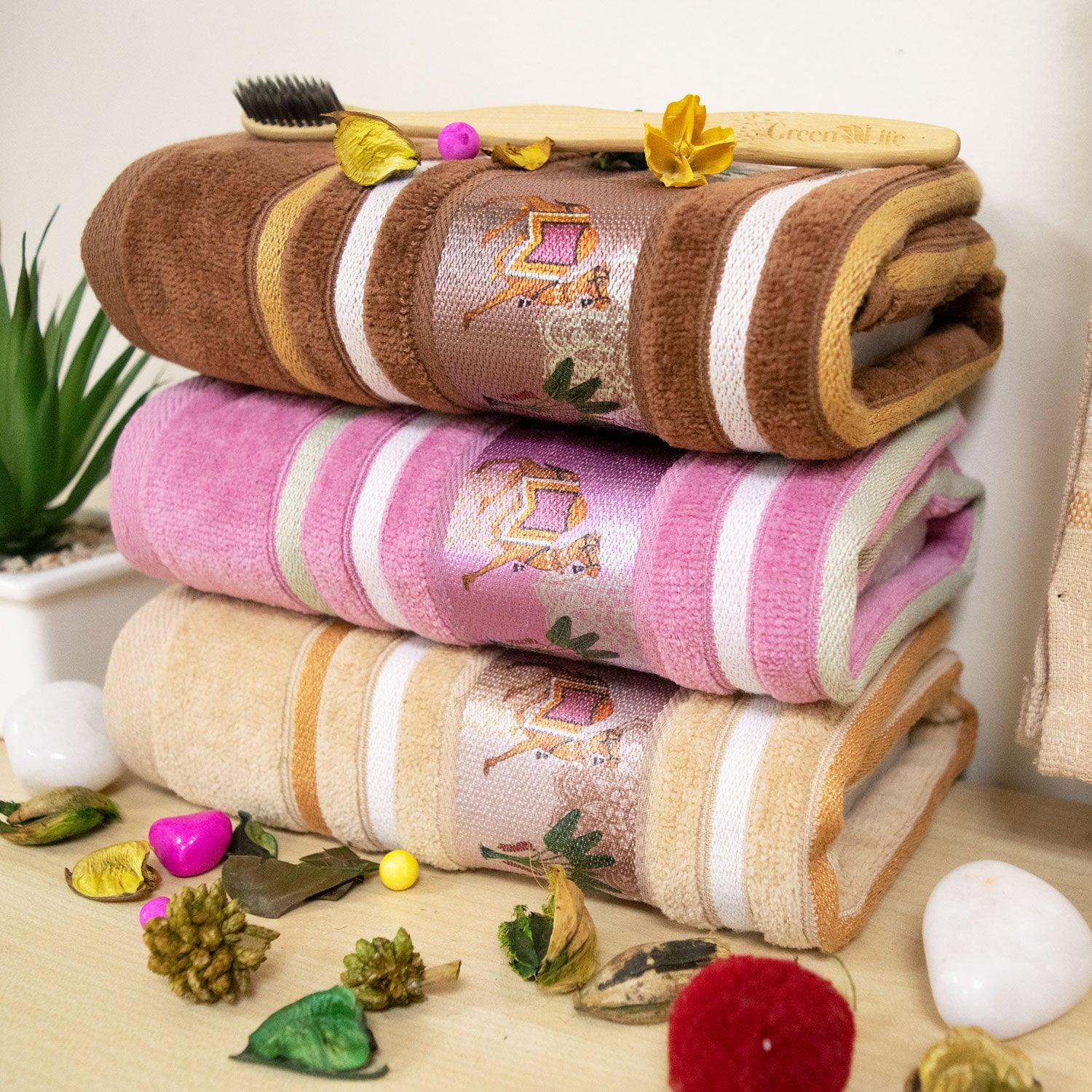 Regal Hand Towel Set Of 3 | Ultra Soft & Highly Absorbent Towels | Purple, Beige, Brown - Rangoli