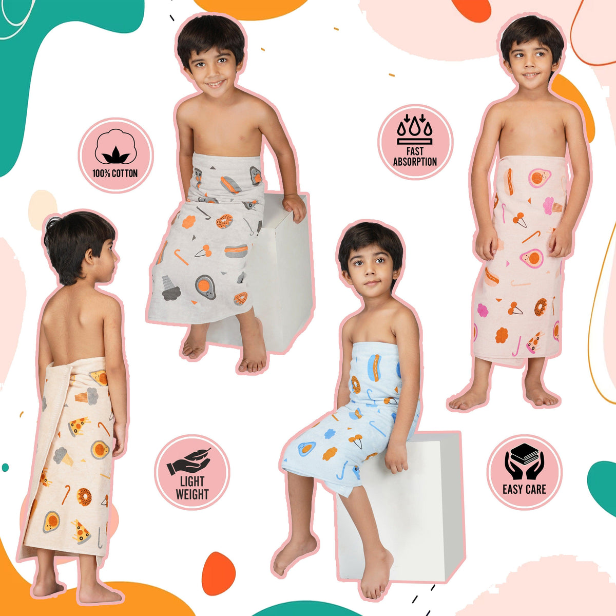 Rangoli 100% Cotton Kids Bath Towel Set of 4 | Skin Friendly Ultra Soft Towels for Girls and Boys (Multicolor) - Rangoli