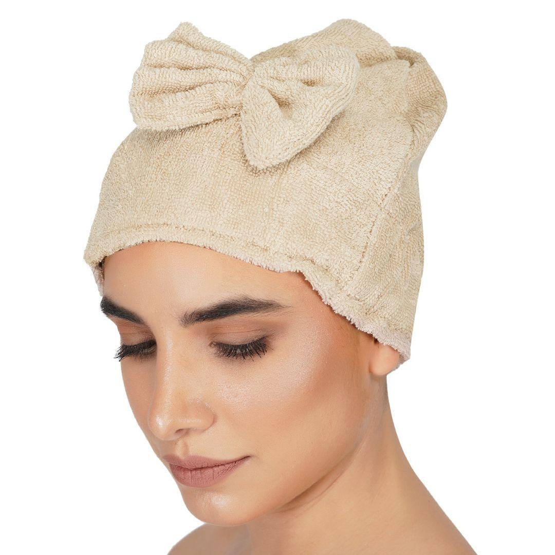 Noble Women Cotton Body Wrap Bath Towel With Shower Cap - Beige