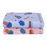 Kids Printed Cotton Towel Set of 2 - Light Peach and Light Blue