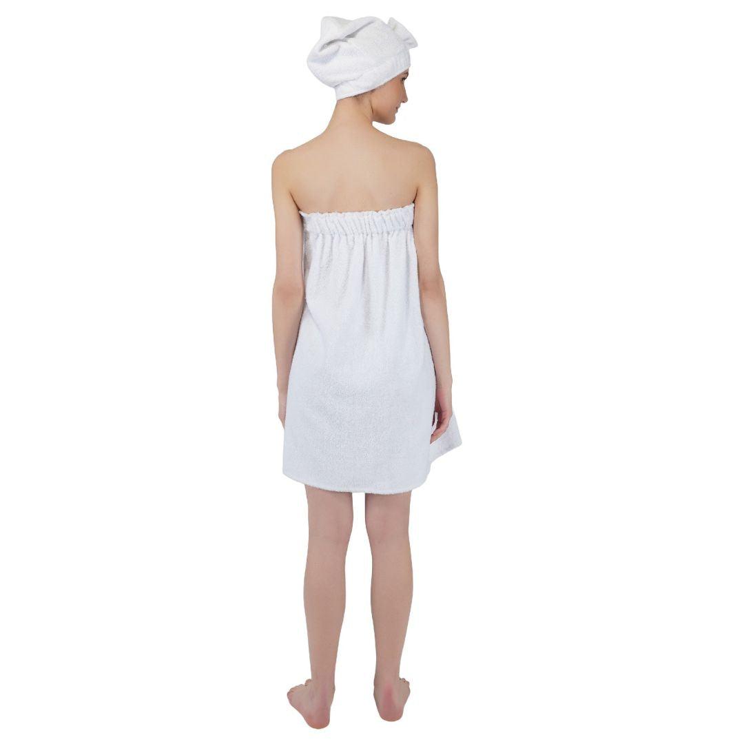 Women Cotton Body Wrap Bath Towel With Shower Cap - WHITE