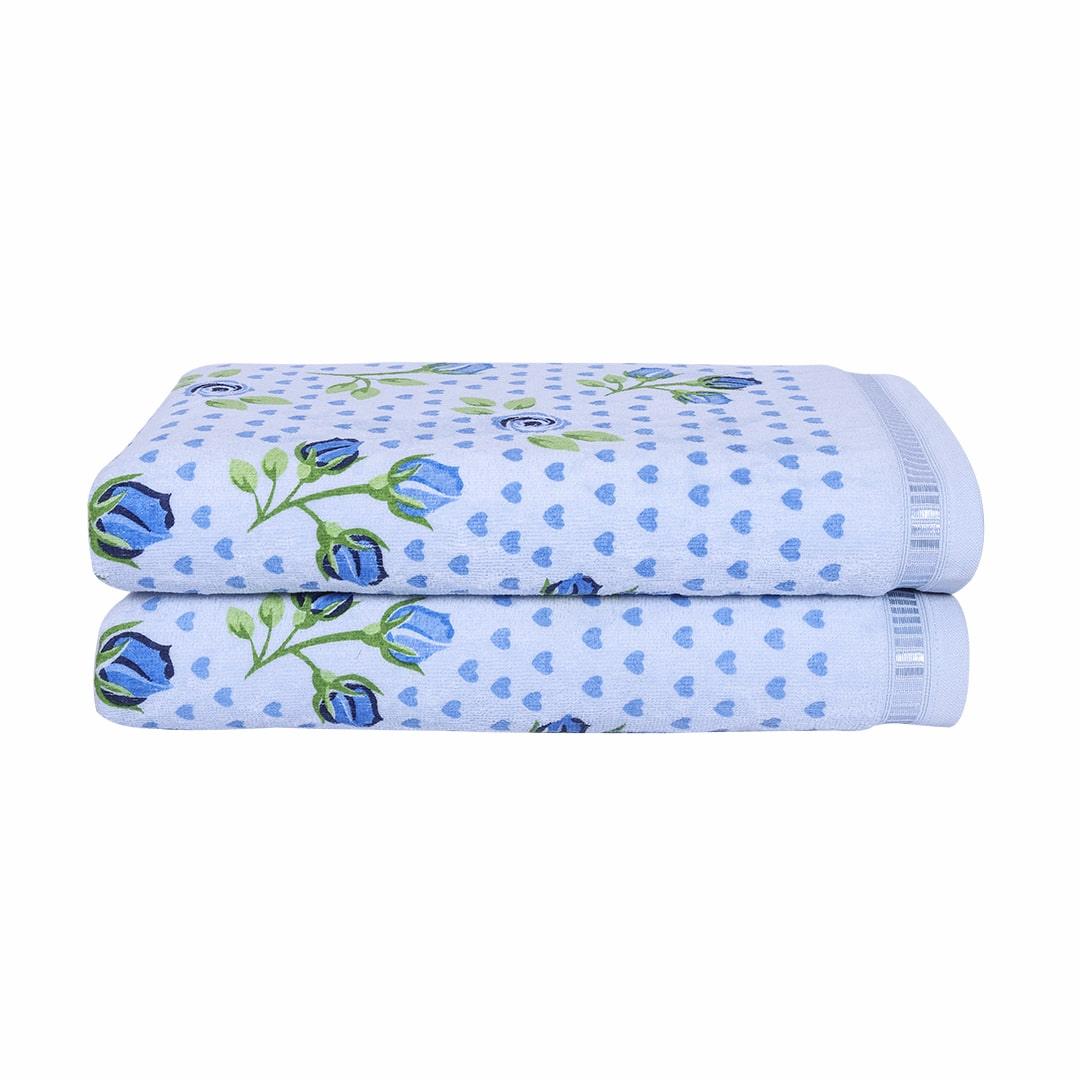 Rose & Heart 450 GSM Cotton Bath Towel Set of 2- Blue