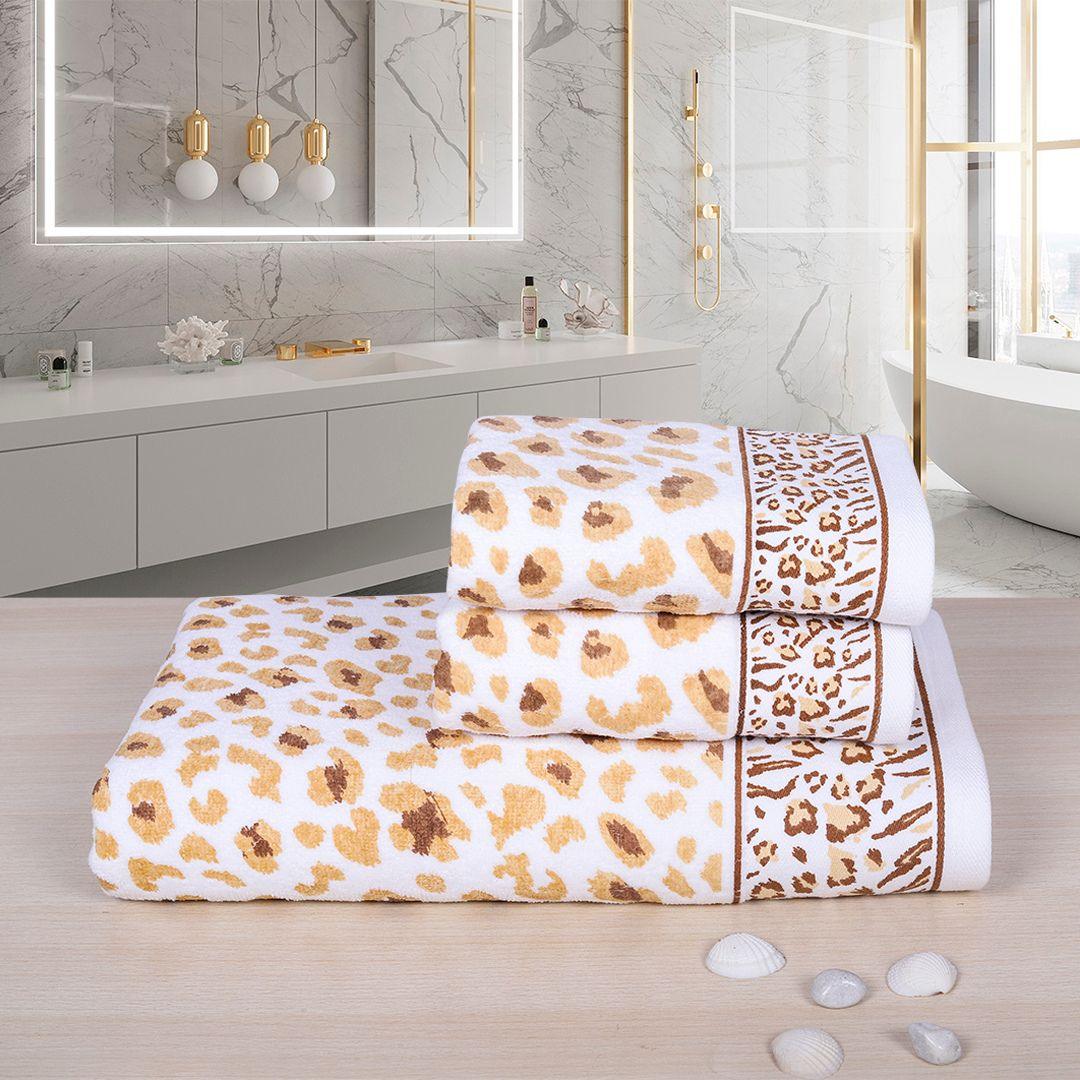 Snow Leopard 100% Cotton Towel Set of 3, 500 GSM - Beige