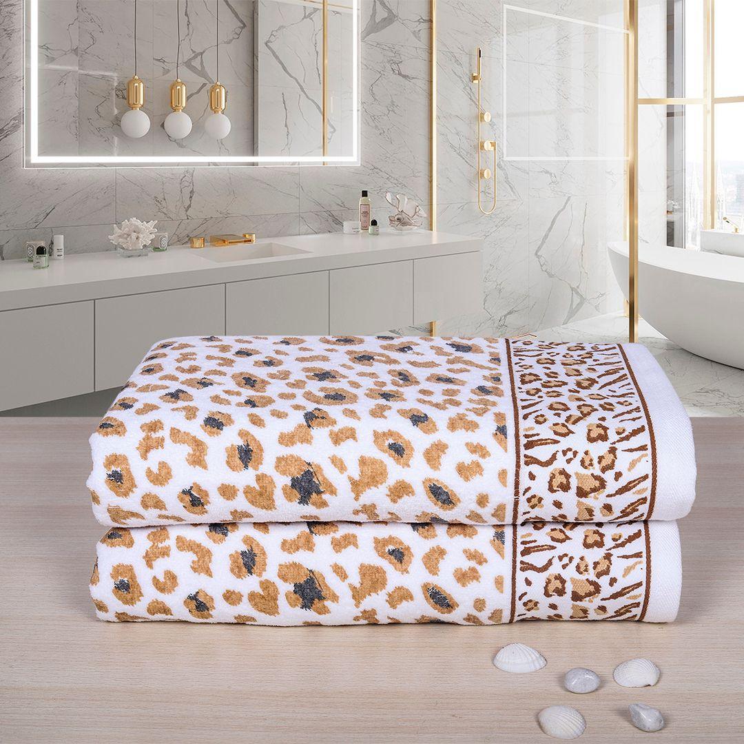 Snow Leopard 100% Cotton Bath Towel Set of 2, 500 GSM - Brown