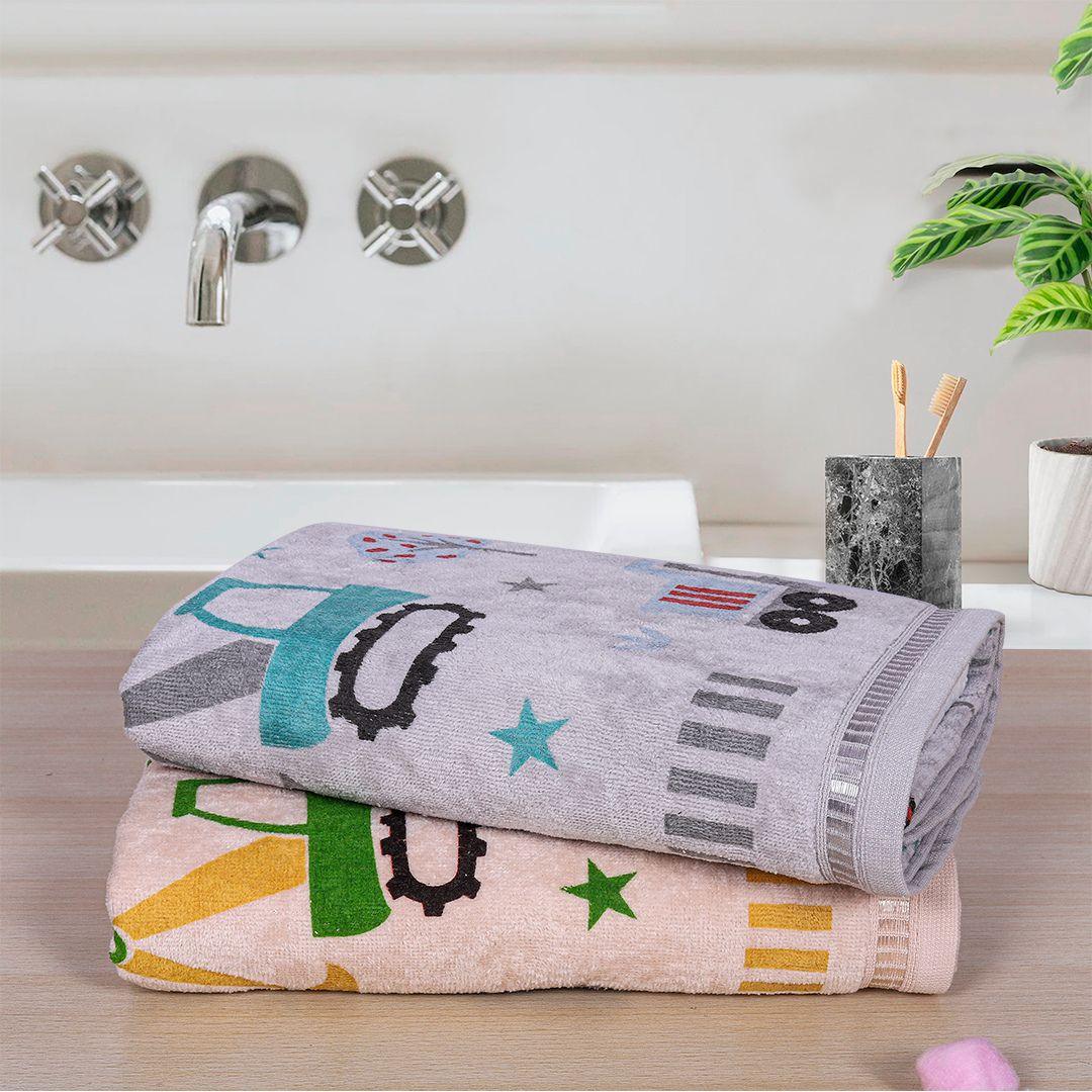  Kids Cotton Bath Towel Set of 2 - Light Grey and Light Beige