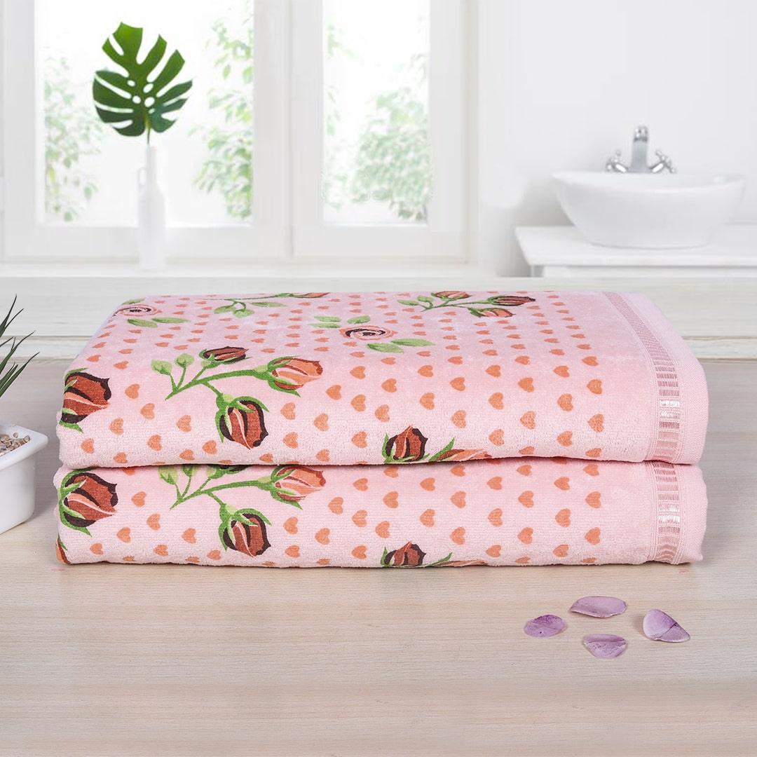 Rose & Heart 450 GSM Cotton Bath Towel Set - Peach