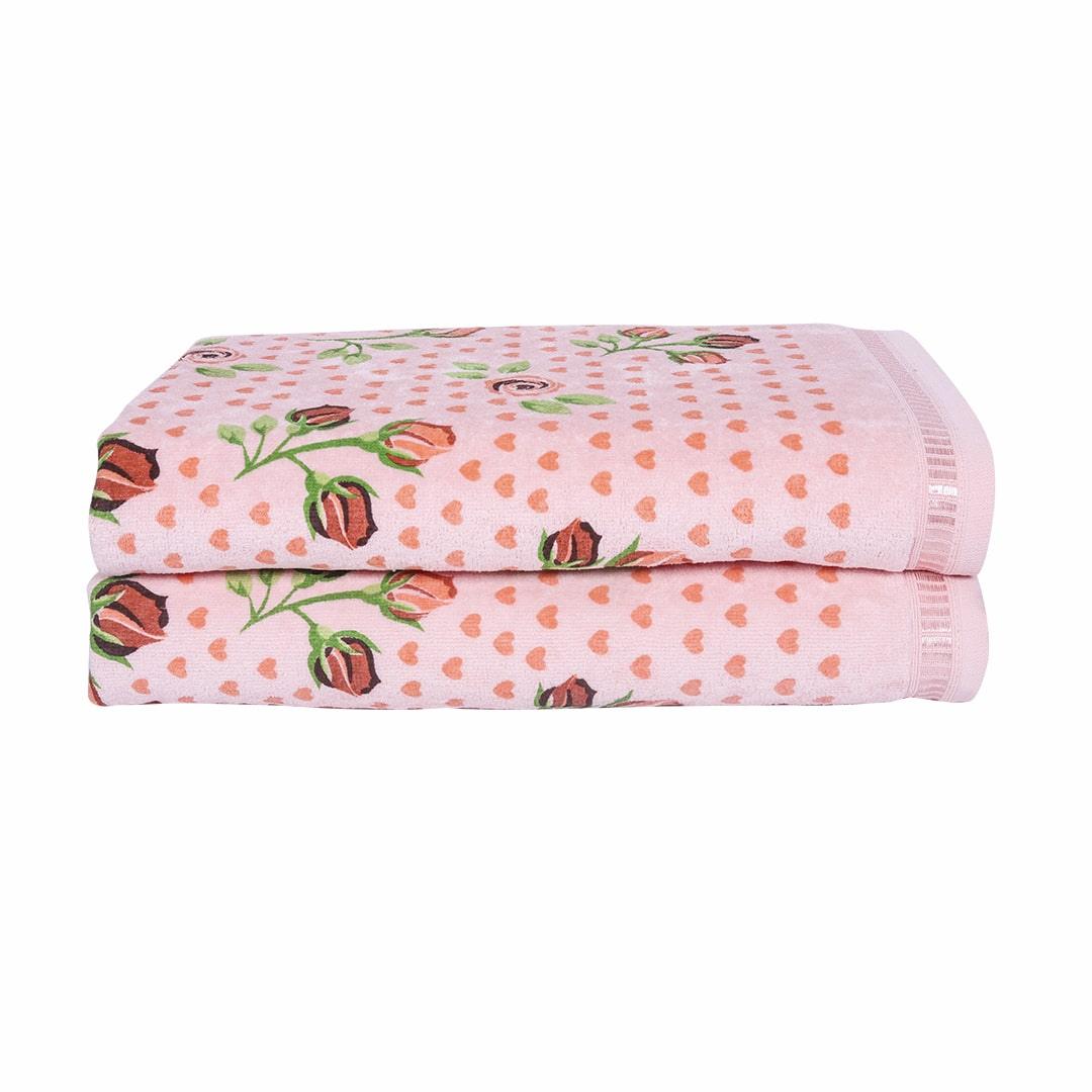 Rose & Heart 450 GSM Cotton Bath Towel Set of 2 - Peach