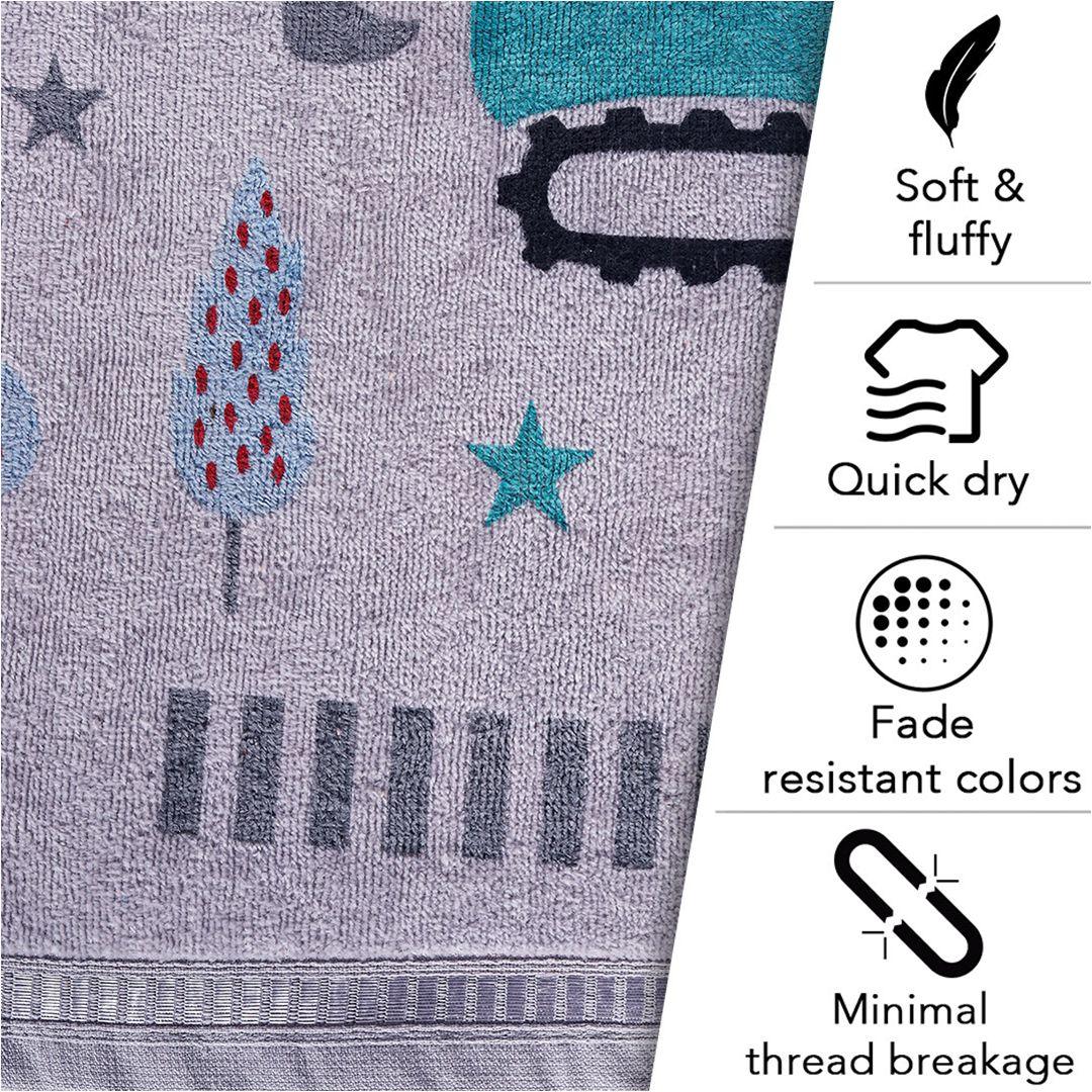 Rangoli Kids Printed Cotton Bath Towel Set of 2 | Anti-Bacterial, Ultra Soft Towels for Girls and Boys (Light Grey and Light Beige)