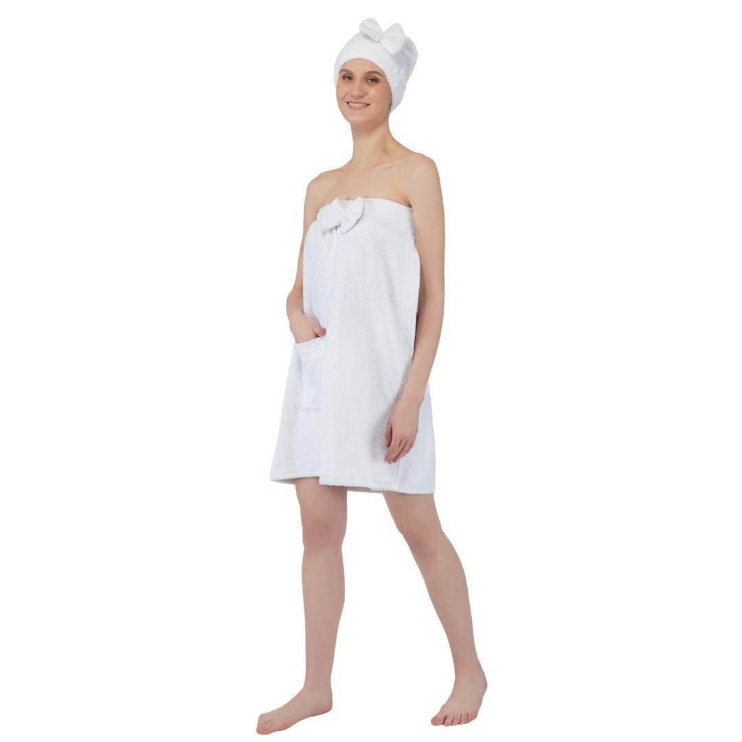 Women Cotton Body Wrap Bath Towel With Shower Cap - WHITE