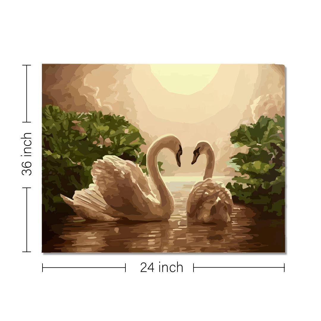 Rangoli wooden stretched two swans wall art for home décor - 36x24 - Inch