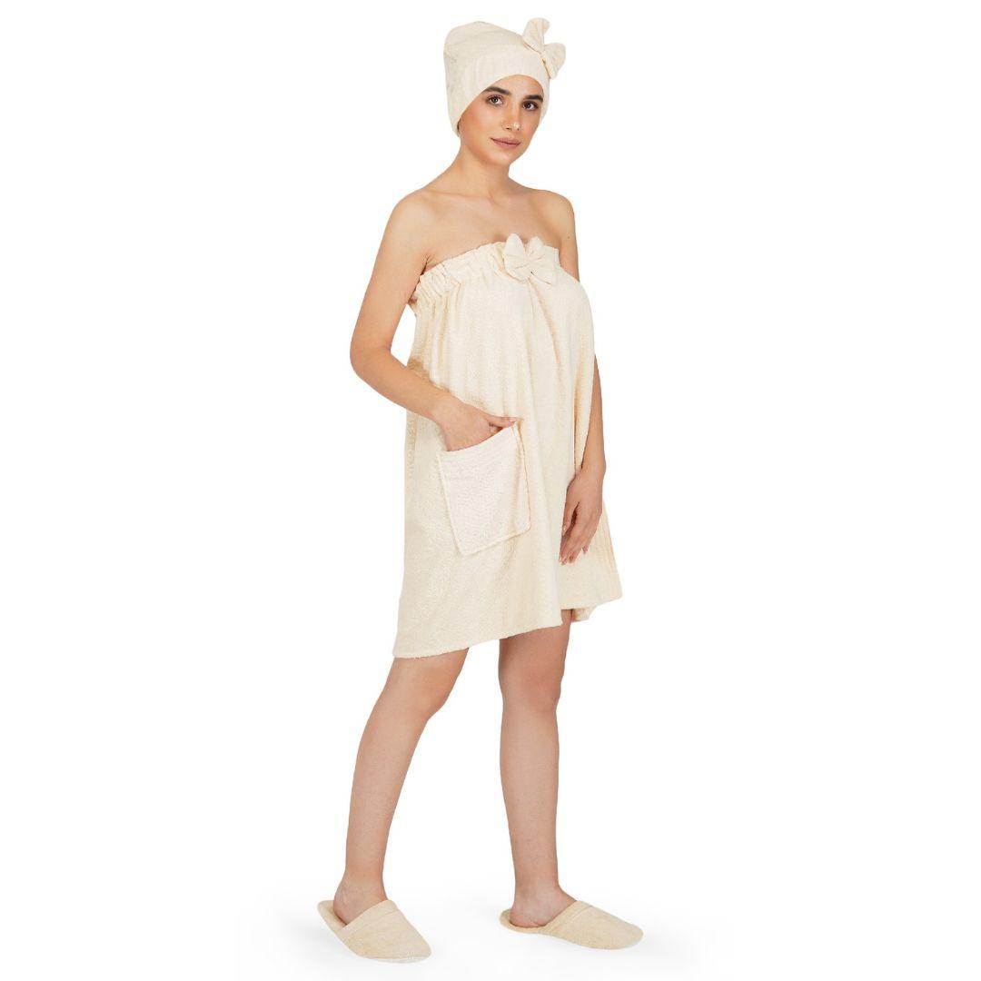 Noble Women Cotton Body Wrap Bath Towel With Shower Cap - Cream