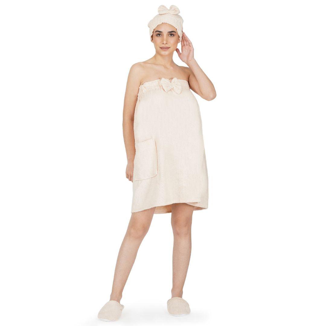 Noble Women Cotton Body Wrap Bath Towel With Shower Cap - Baby Pink