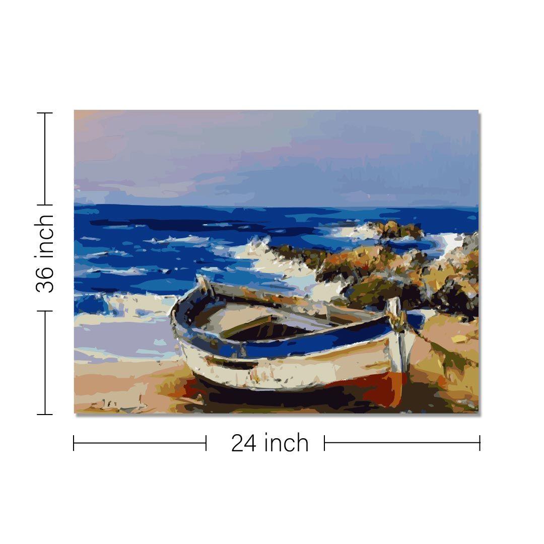 Rangoli wooden stretched boat at the beach art for home décor - 36x24 - Inch