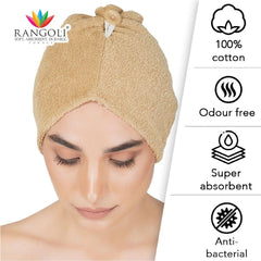 Noble Cotton Hair Wrap Towel - Beige | Quick Dry, Absorbent Shower Cap - Rangoli