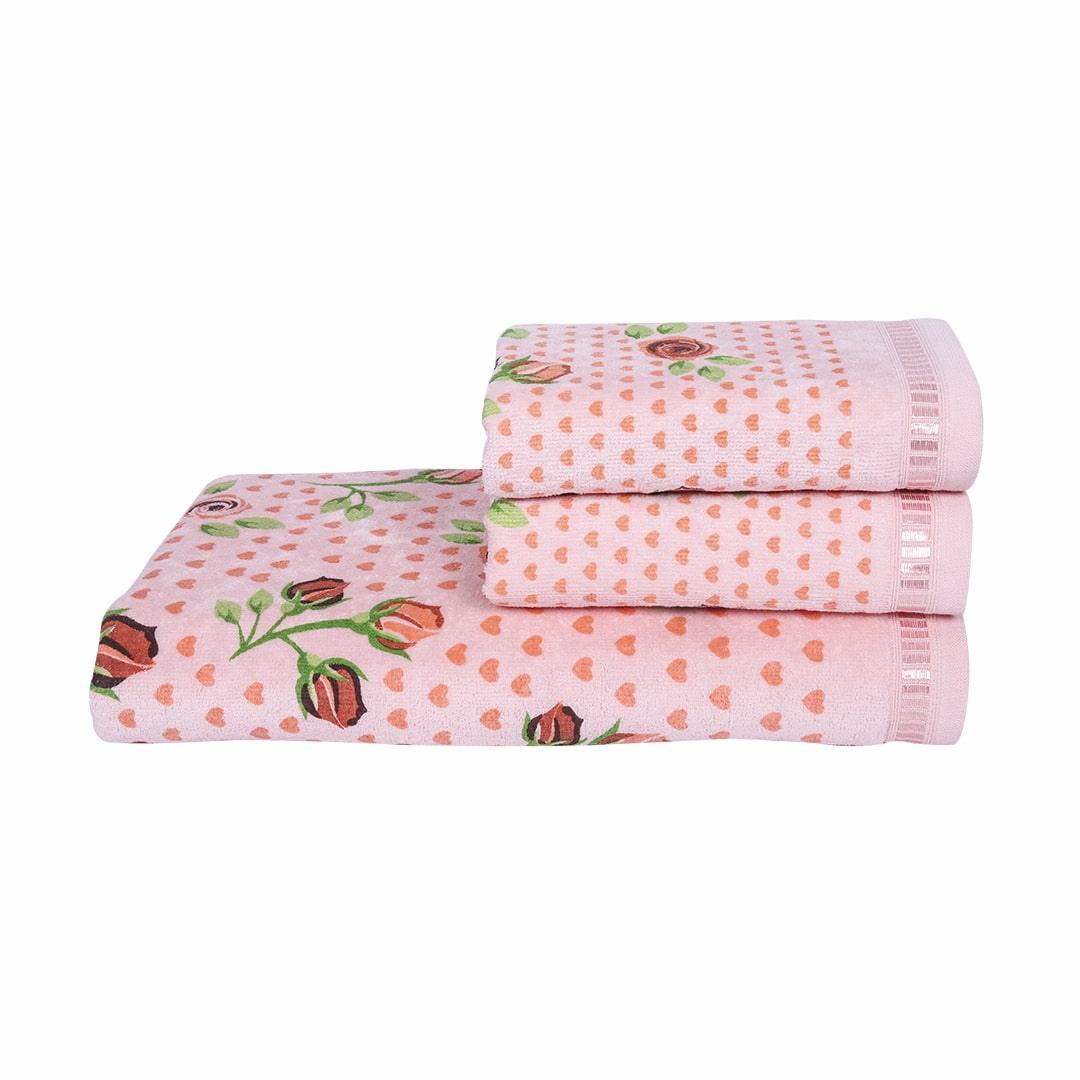 Rose N Heart 450 GSM Cotton Towel Set Of 3 - Peach