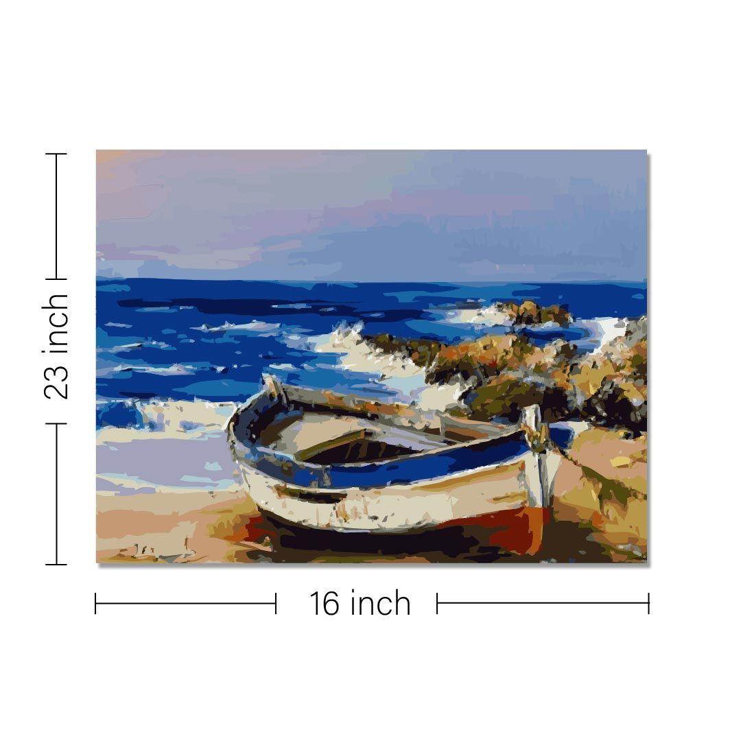 Rangoli wooden stretched boat at the beach art for home décor - 23x16 - Inch