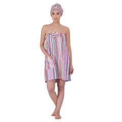 Pinstripe Women Cotton Body Wrap Bath Towel With Shower Cap - Rangoli