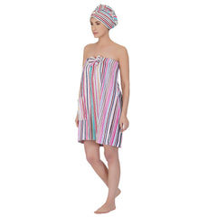 Pinstripe Women Cotton Body Wrap Bath Towel With Shower Cap - Rangoli