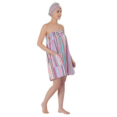 Pinstripe Women Cotton Body Wrap Bath Towel With Shower Cap - Rangoli