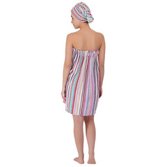 Pinstripe Women Cotton Body Wrap Bath Towel With Shower Cap - Rangoli