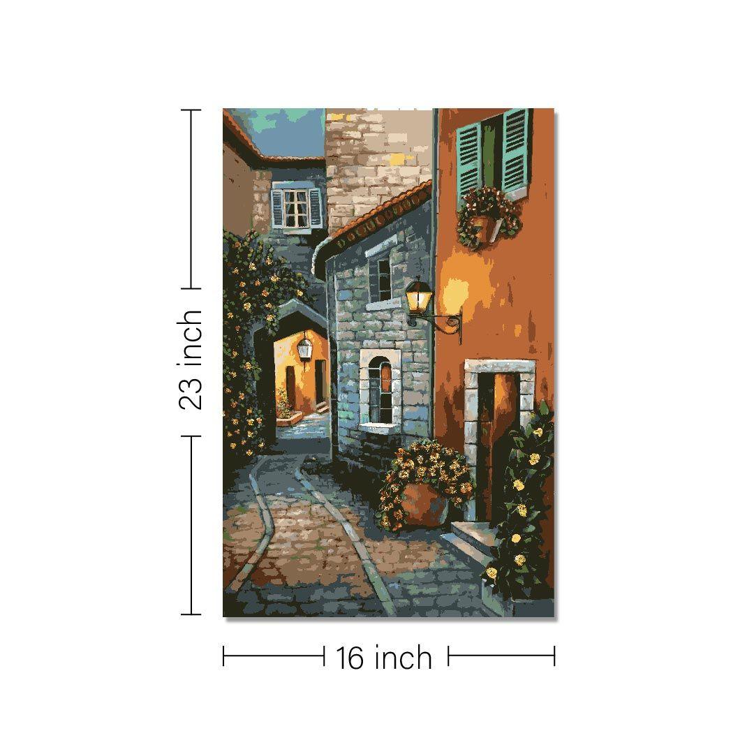 Rangoli wooden stretched European streets canvas wall art for home décor -  23x16 - Inch