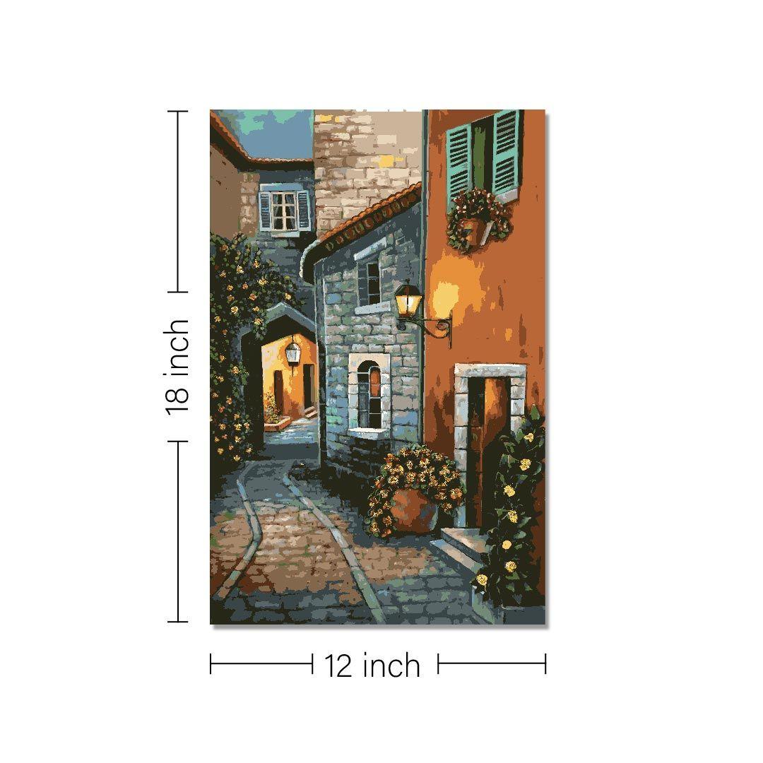 Rangoli wooden stretched European streets canvas wall art for home décor - 18x12 - Inch