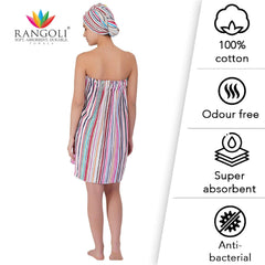 Pinstripe Women Cotton Body Wrap Bath Towel With Shower Cap - Rangoli